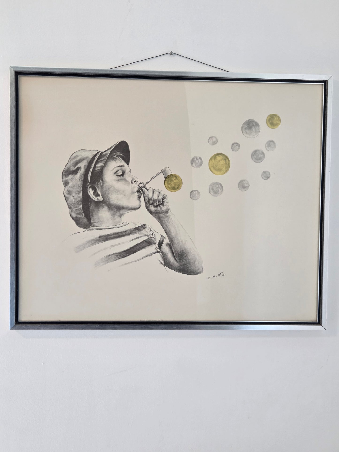 Original Wolfgang M Otto Pencil Drawing Signed Boy Blowing Bubble Artwork Framed