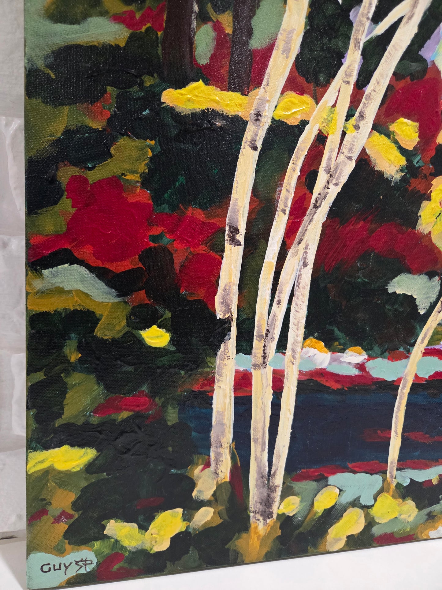 Original Forest Landscape Painting Birch Trees River Nature Acrylic Canvas Art