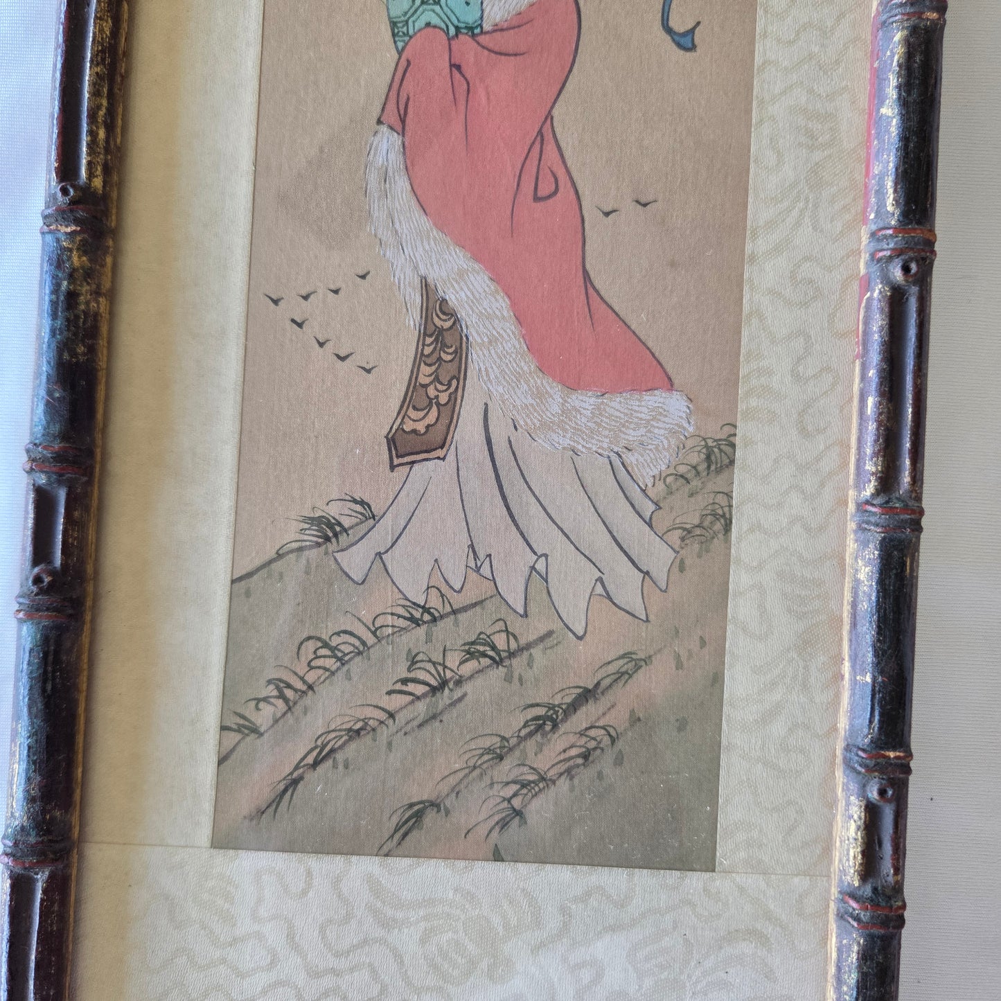 Japanese Art Geisha Girl Color Painting On Silk Signed Original Oriental Tapestry