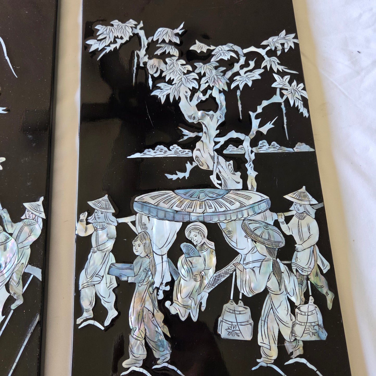 Asian Inlayed Mother Of Pearl On Black Laquer Wood Panel Horse Wall Decor 2p Set