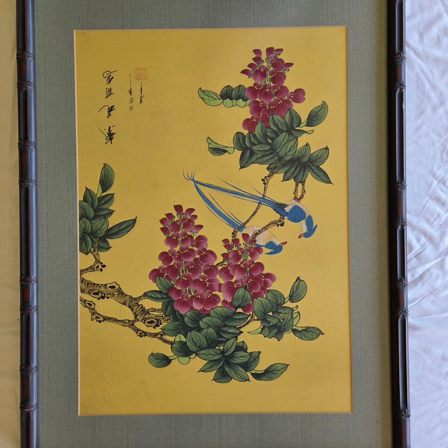 Japanese Original Painting On Silk Signed Long Tail Blue Birds Blooming Wisteria