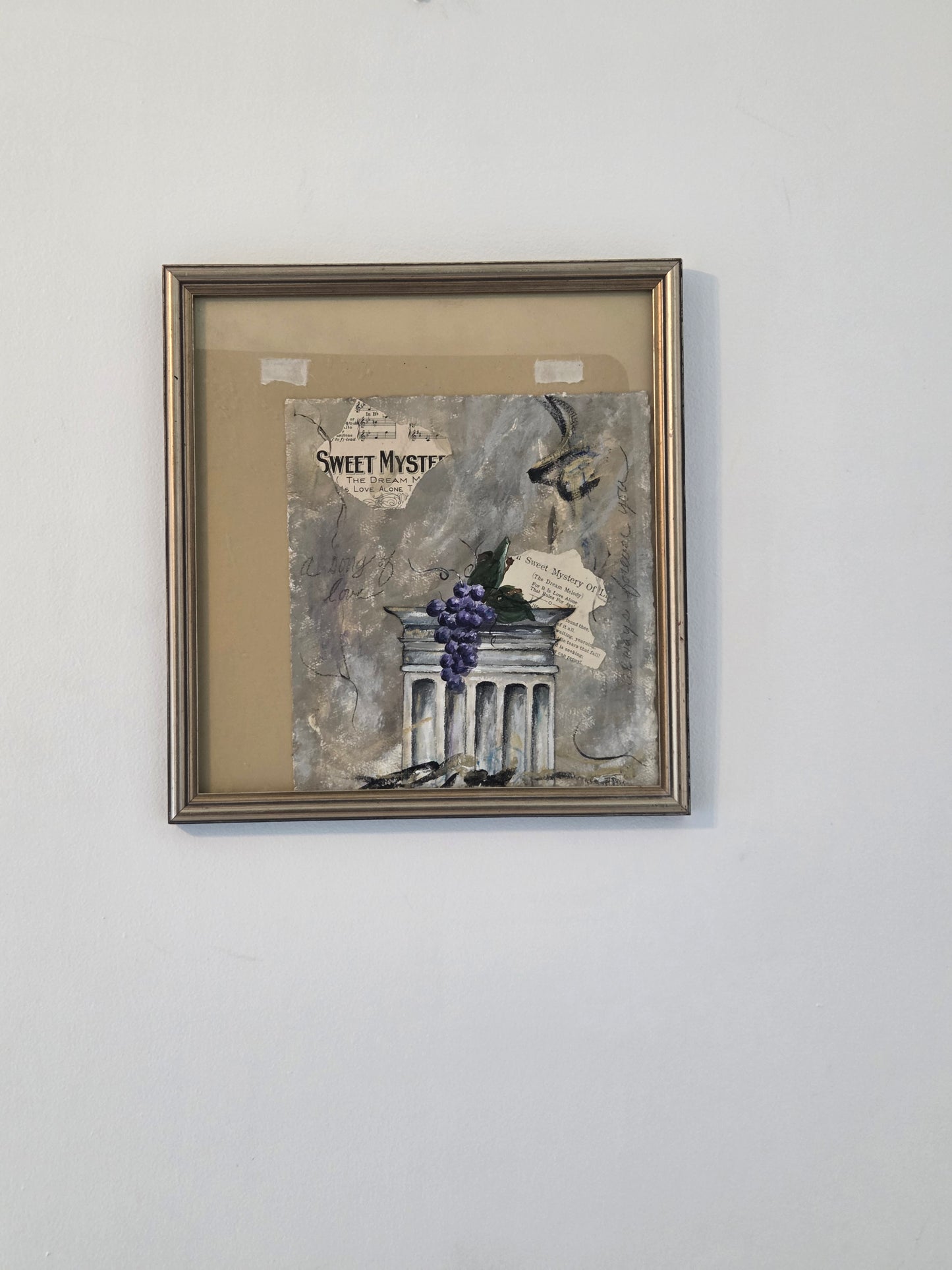Original Abstract Collage Mixed Media Painting Vino Grapes Music Sheet Wall Art