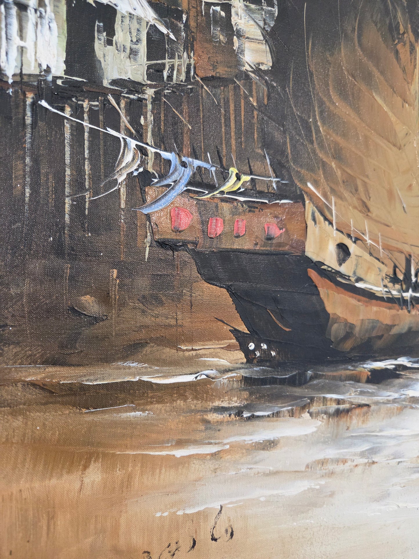 Original Asian Sail Boat Ship Harbor Painting Seascape Canvas Art Maritime Decor