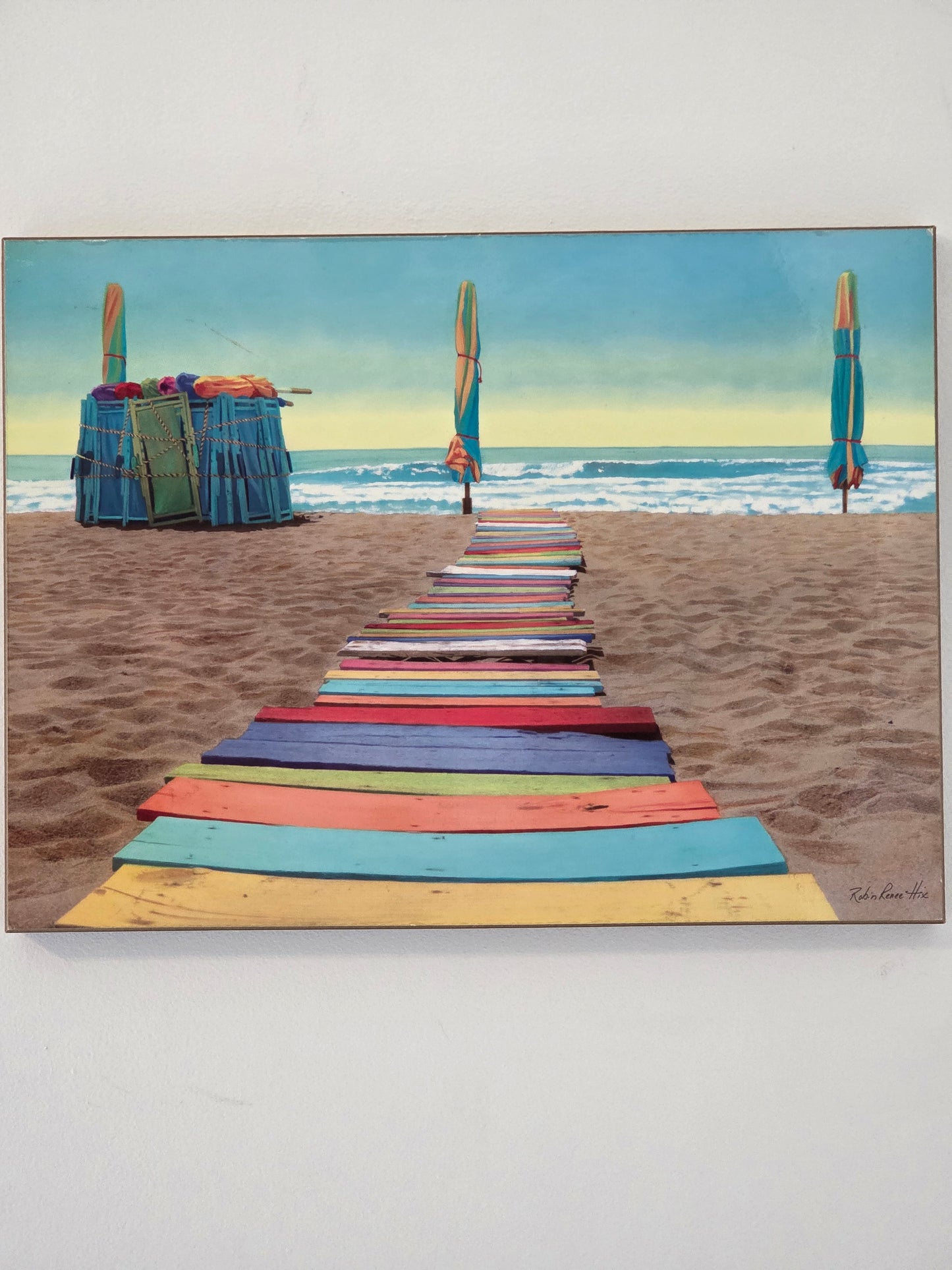 Coastal Beach Color Boardwalk Ocean Print Poster Art on Wood Wall Decor 23x17.5