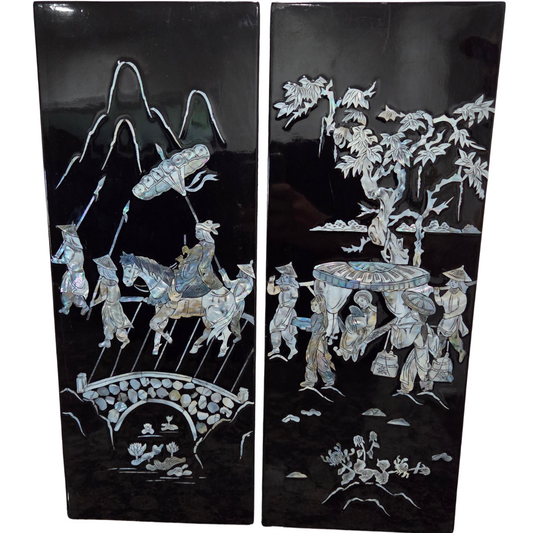 Asian Mother Of Pearl Inlay Black Lacquer Wood Panel Plaques Wall Art Home Decor