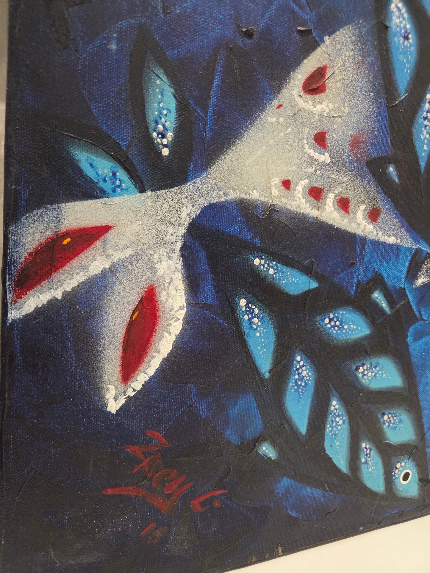 Original Painting Abstract Fish Blue Marine Ocean Mid Century Modern Art Signed