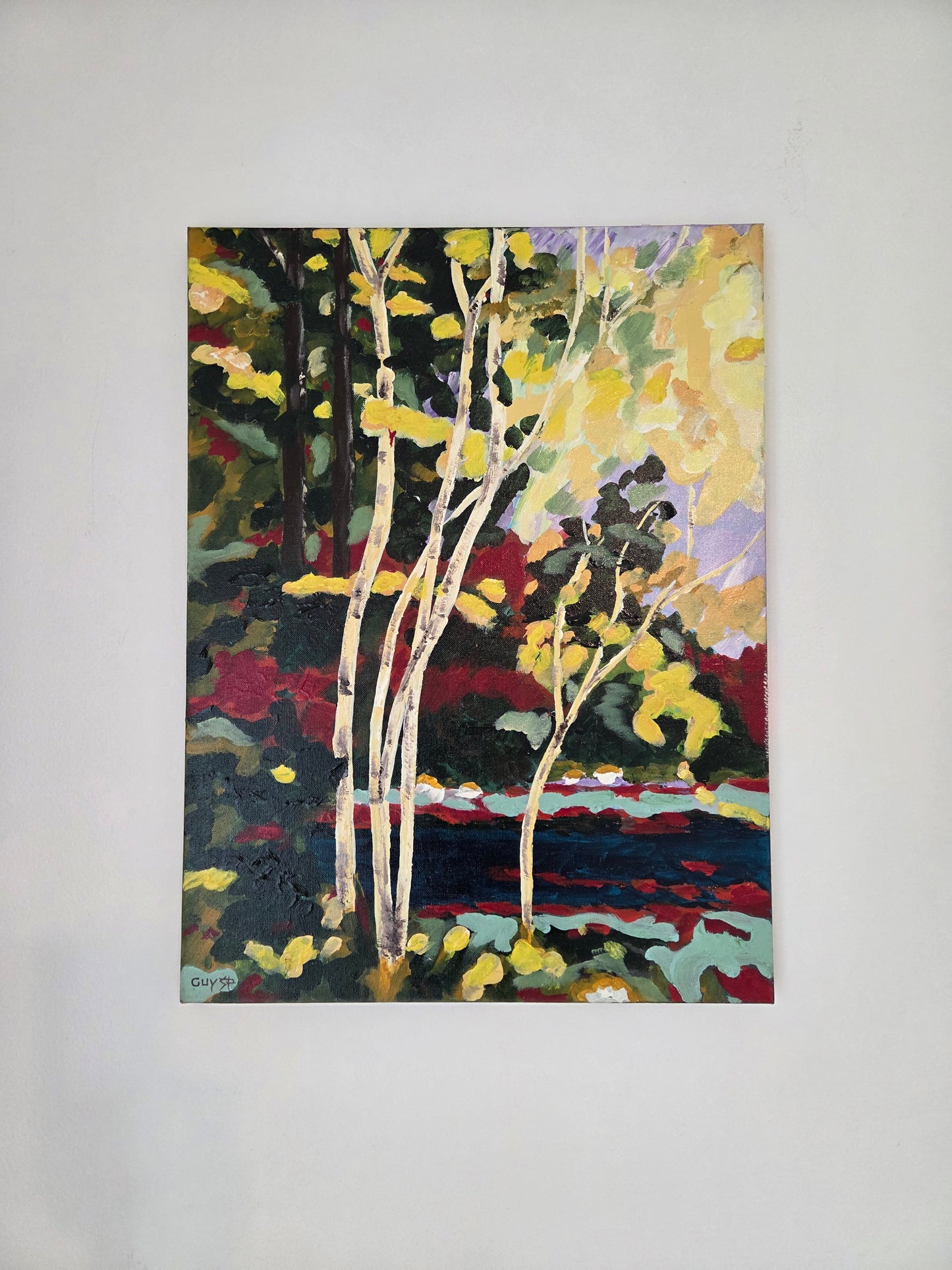 Original Forest Landscape Painting Birch Trees River Nature Acrylic Canvas Art