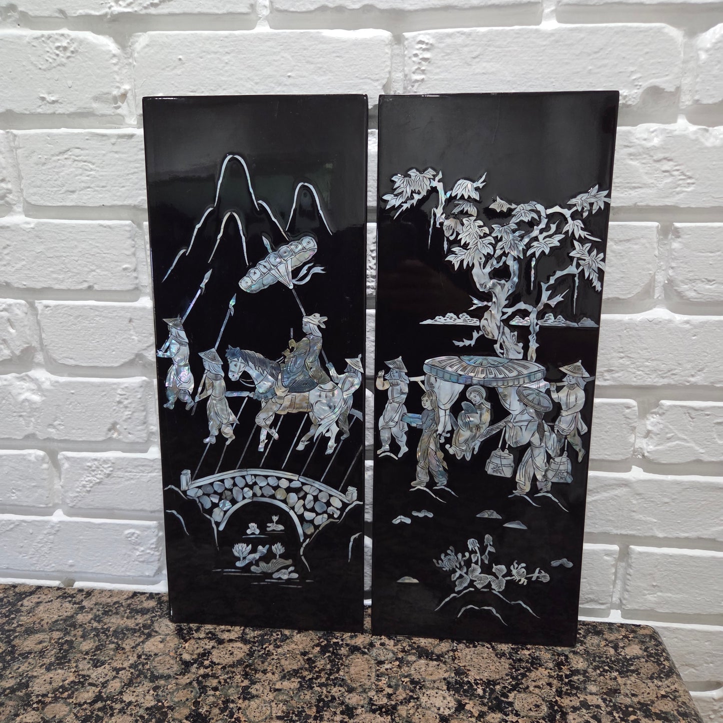 Asian Inlayed Mother Of Pearl On Black Laquer Wood Panel Horse Wall Decor 2p Set