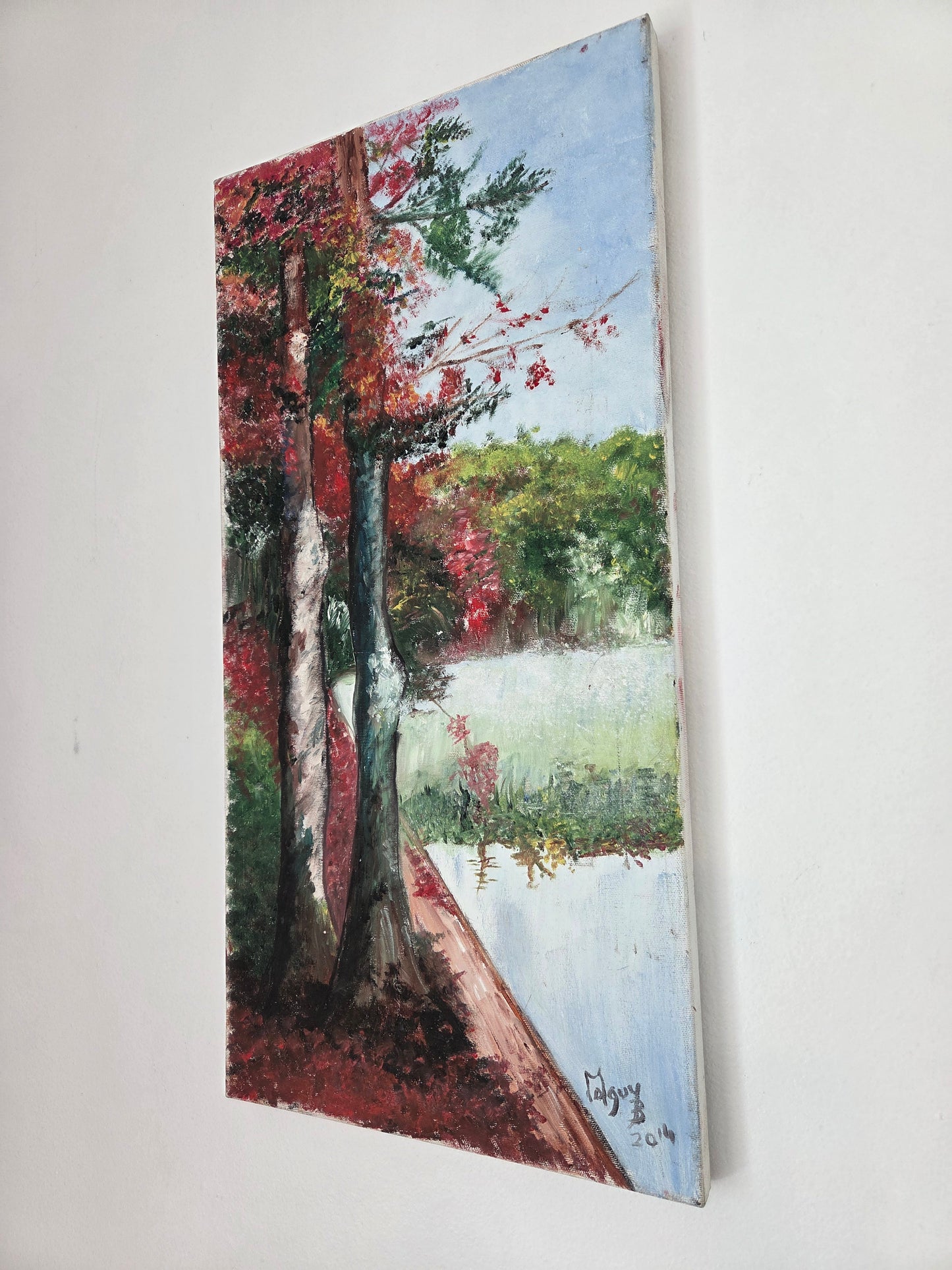 Original Autumn Trees Landscape Painting Fall Lake Nature Scene Canvas Wall Art